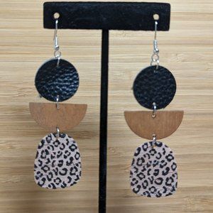 Geometric Semicircle Wood Cork Printed Leather Dangle Drop Earrings Women